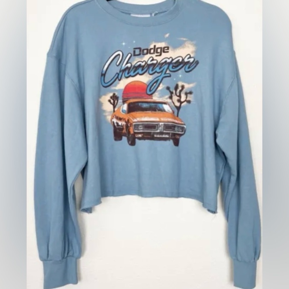 NEW Dodge Charger Womens Blue Cropped Graphic Sweatshirt Pullover XL